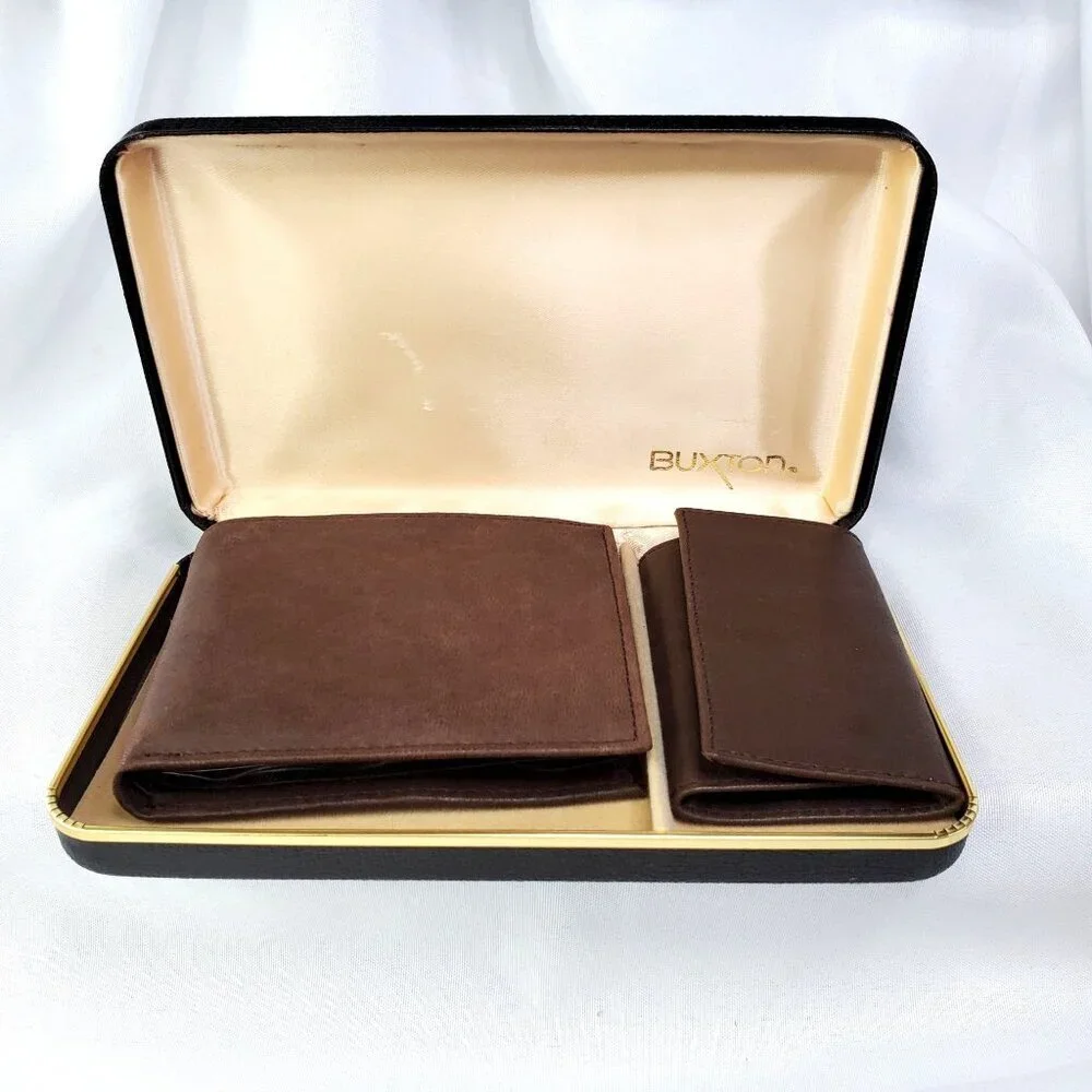 Buxton Natural Brown Mouton Leather Convertible Wallet Set With Keychain Holder